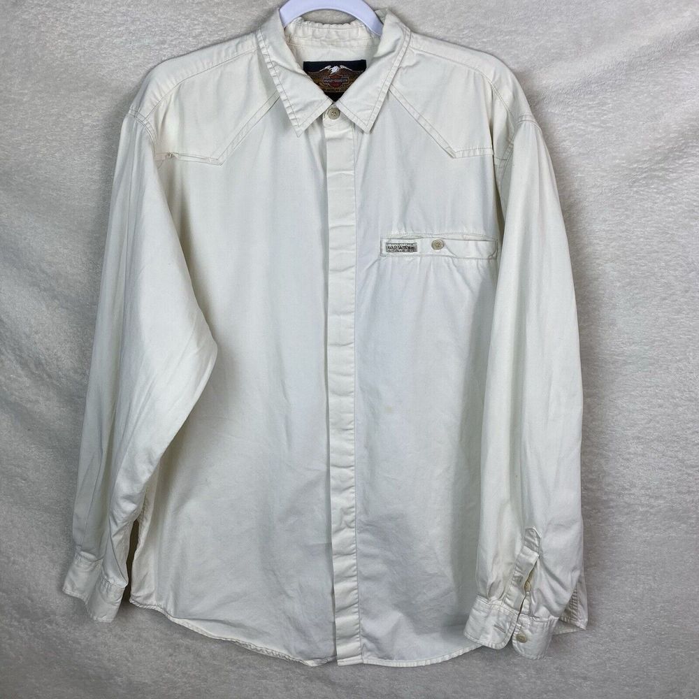 Mens Harley Davidson‎ Western Button Down Shirt Large Vintage Patch Cream